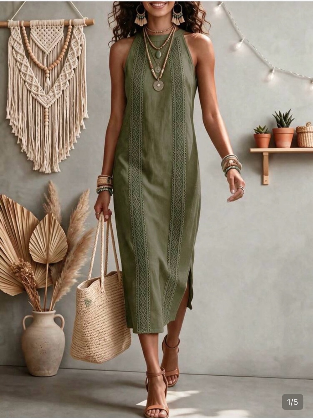 SHEIN Olive Green Halter Midi Dress with Embroidered Panels